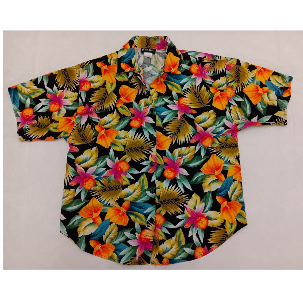 Vintage Caribou New York Womens Hawaiian Tropical Floral Cotton Shirt Medium USA